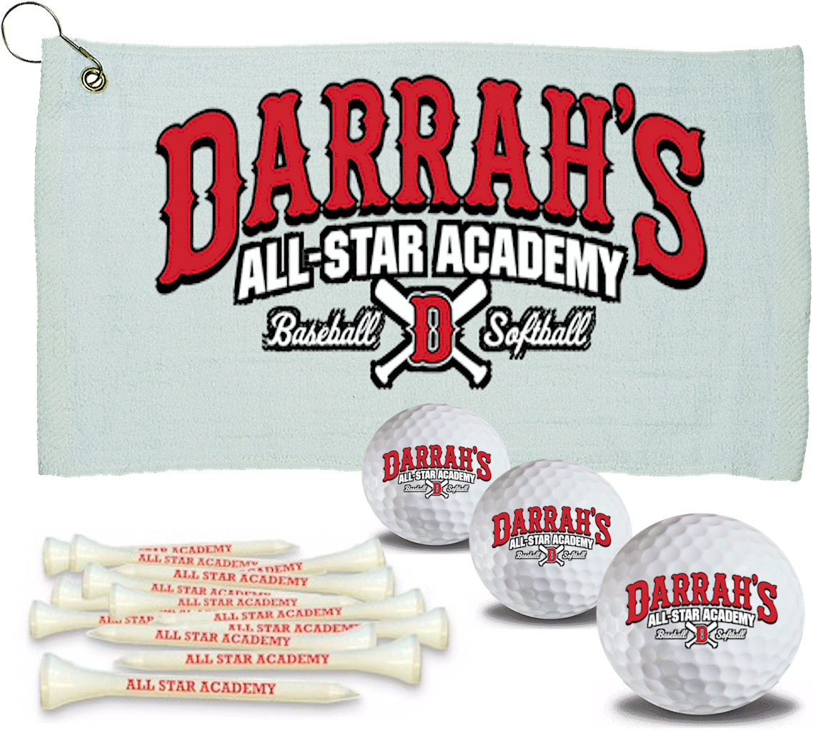 1 Custom Golf Towel w/ 3 <span style="color:#d41b27;">White Golf Ball</span> Golf Balls and 15 Tees