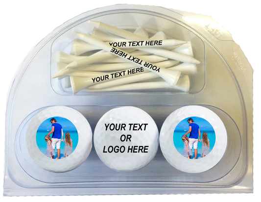 3 Personalized Refinished White Golf Balls and 15 Father's Day Tees