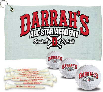 1 Custom Golf Towel w/ 3 <span style="color:#d41b27;">White Golf Ball</span> Golf Balls and 15 Tees